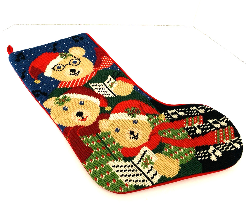 Vintage Needlepoint Christmas Stocking 20" Teddy Bears